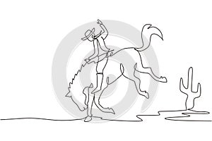 Single continuous line drawing cowboy on wild horse mustang. Rodeo cowboy riding wild horse on wooden sign. Cowboy riding wild