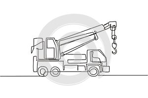 Single continuous line drawing of crane truck for building construction, business commercial vehicles. Heavy transportation