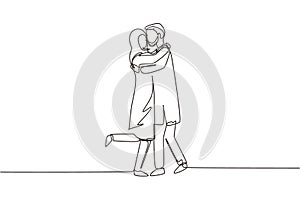 Single continuous line drawing cute Arab couple in romantic pose. Happy man hugging his partner woman. Intimacy celebrates wedding