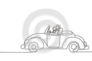 Single continuous line drawing cute elegant couple on road trip in vintage retro car. Happy Arabian man and woman in vehicle.