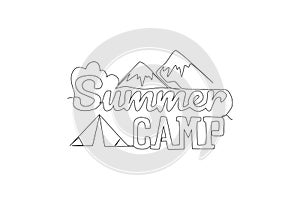 Single continuous line drawing of cute and fabulous summer activity typography quote - Summer Camp. Calligraphic design for print