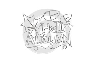 Single continuous line drawing of cute and fabulous typography quote - Hello Autumn. Calligraphic design for print, greeting card