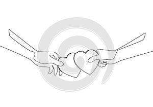 Single continuous line drawing of cute young happy man ad woman couple holding heart shaped paper and unite it together