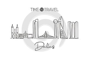 Single continuous line drawing of Dallas city skyline, USA. Famous city scraper and landscape. World travel concept home wall