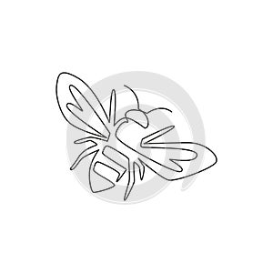 Single continuous line drawing of decorative bee for farm logo identity. Honeycomb producer icon concept from wasp animal shape.