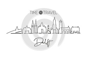 Single continuous line drawing of Delft city skyline, Netherlands. Famous skyscraper landscape. World travel home wall decor