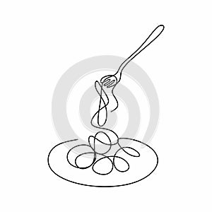 Single continuous line drawing of delicious spaghetti with fork. Italy pasta noodle restaurant concept hand draw line art design