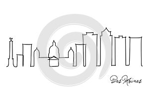 Single continuous line drawing of Des Moines city skyline, Iowa. Famous city scraper landscape. World travel home wall decor art