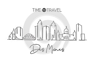 Single continuous line drawing of Des Moines city skyline, Iowa. Famous city scraper landscape. World travel home wall decor art