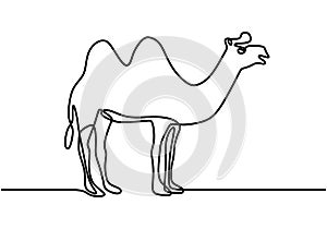 Single continuous line drawing of desert walking camel for logo identity. Cute dromedary animal concept. One line draw design