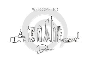Single continuous line drawing of Doha city skyline, Qatar. Famous city scraper and landscape home wall decor poster print art. photo