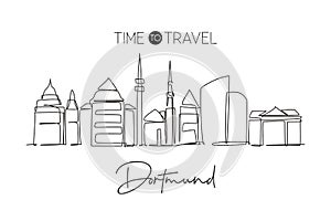Single continuous line drawing of Dortmund city skyline Germany. Famous skyscraper landscape in world. World travel wall decor art
