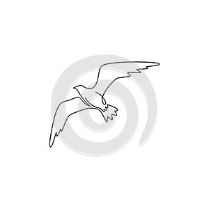 Single continuous line drawing of elegant seagull for nautical logo identity. Adorable seabird mascot concept for sea port symbol