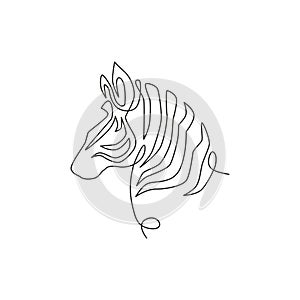 Single continuous line drawing of elegant zebra head for company logo identity. Horse with stripes mammal animal concept for