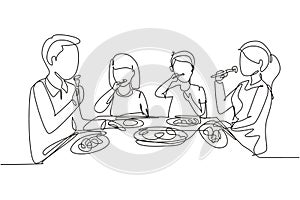 Single continuous line drawing family eating meal around kitchen table. Happy daddy, mom and two kids sitting eating healthy lunch