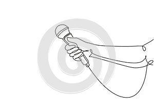 Single continuous line drawing female hand with microphone, on white background. Reporter television tv news holding microphone in