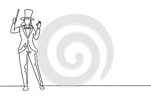 Single continuous line drawing female magician stands with gesture okay wearing hat and holding magic wand performing tricks at