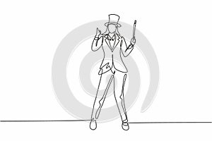 Single continuous line drawing female magician stands with thumbs-up gesture wearing a hat and holding a magic wand performing