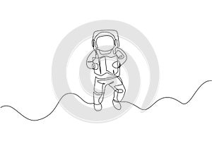 Single continuous line drawing floating science astronaut in spacewalk reading map navigator. Fantasy deep space exploration,