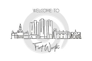 Single continuous line drawing of Fort Worth city skyline, United States of America. Famous landscape. World travel concept wall
