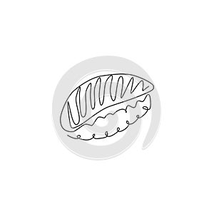 Single continuous line drawing of fresh stylized sushi bar logo label. Emblem fresh nigiri seafood restaurant concept. Modern one