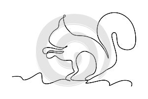 Single continuous line drawing funny squirrel for pet shop logo identity. Cute bunny animal mascot concept for kids toy shop