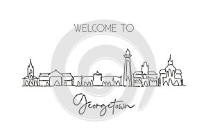 Single continuous line drawing of Georgetown skyline, Guyana. Famous city scraper landscape postcard. World travel destination