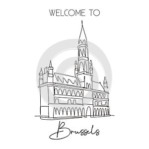 Single continuous line drawing Grand Place of Brussels landmark. Most beautiful famous place in Belgium. World travel home wall