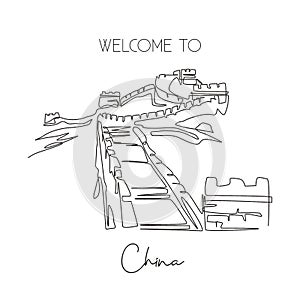 Single continuous line drawing Great Wall of Badaling landmark. Beauty famous place in Beijing, China. World wall decor home art