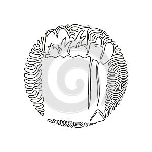 Single continuous line drawing grocery bag with vegetables. Paper package with produce. Paper bag in swirl curl circle background