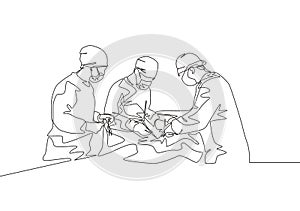 Single continuous single line drawing group of team surgeon doctor doing surgery operation to the patient with critical condition photo