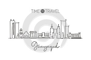 Single continuous line drawing Guayaquil city skyline Ecuador. Famous city scraper landscape postcard. World travel destination