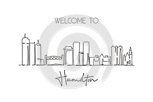 Single continuous line drawing Hamilton skyline, Canada. Famous city scraper landscape. World travel destination postcard print