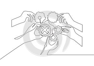 Single continuous line drawing of hand gesture business team members unite piece of gears to one as teamwork symbol. Unity working