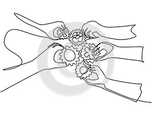 Single continuous line drawing of hand gesture business team members unite piece of gears to one as teamwork symbol. Unity working