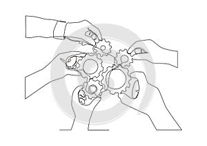 Single continuous line drawing of hand gesture male and female business team members unite piece of gears to one as team building