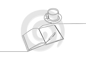 Single continuous line drawing of hand gesture writing on an open book beside a cup of coffee at work desk. Writing draft business