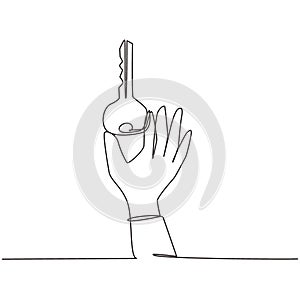 Single continuous line drawing hand holding modern key to unlock door. Hand holds key. Find the key to solve problems, opportunity