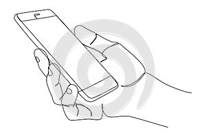 Single continuous line drawing of hand holding phone or smartphone. Modern simple line draw design. Vector illustration minimalism