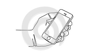 Single continuous line drawing of hand holding phone or smartphone. Modern Vector illustration design of smart mobile technology