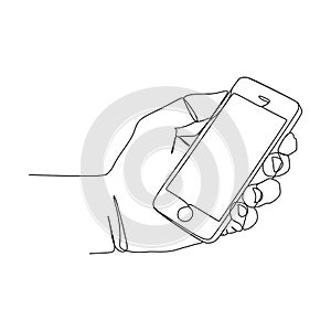 Single continuous line drawing of hand holding phone or smartphone. Modern Vector illustration design of smart mobile technology