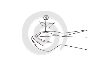 Single continuous line drawing hand holding sprout a money tree on nature field. Money tree investment growth income interest