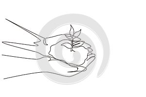 Single continuous line drawing hand holding sprout wilde pine tree in nature green forest. Earth Day save environment concept.