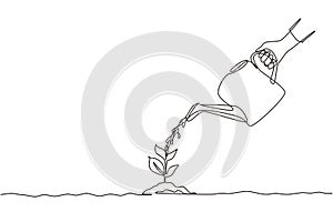 Single continuous line drawing hand holding watering can watering plant at ground. Earth day save environment concept. Growing