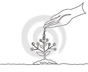 Single continuous line drawing hand nurturing and watering young money plants growing on fertile soil. Concept of money saving and