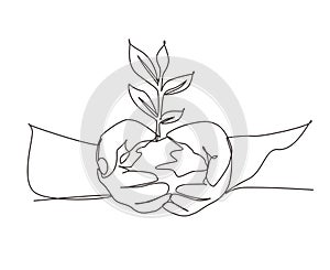 Single continuous line drawing hands holding plant in soil on white background. Environment earth day in the hands of trees