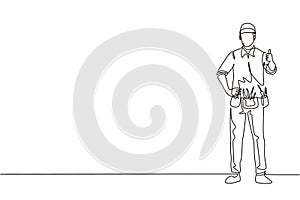 Single continuous line drawing handyman stands with a thumbs-up gesture and tools such as pliers, screwdriver, hammer that is