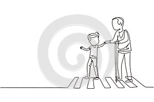 Single continuous line drawing happy boy helps grandfather cross road. Courteous kind kid taking old man across road, holding hand photo