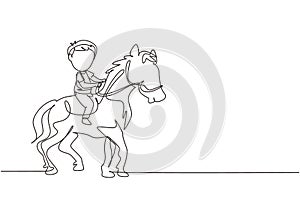 Single continuous line drawing happy cute boy riding cute horse. Child sitting on back horse with saddle in ranch park. Kids