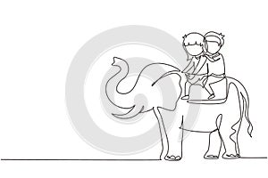 Single continuous line drawing happy little boy and girl riding elephant together. Children sitting on back elephant and